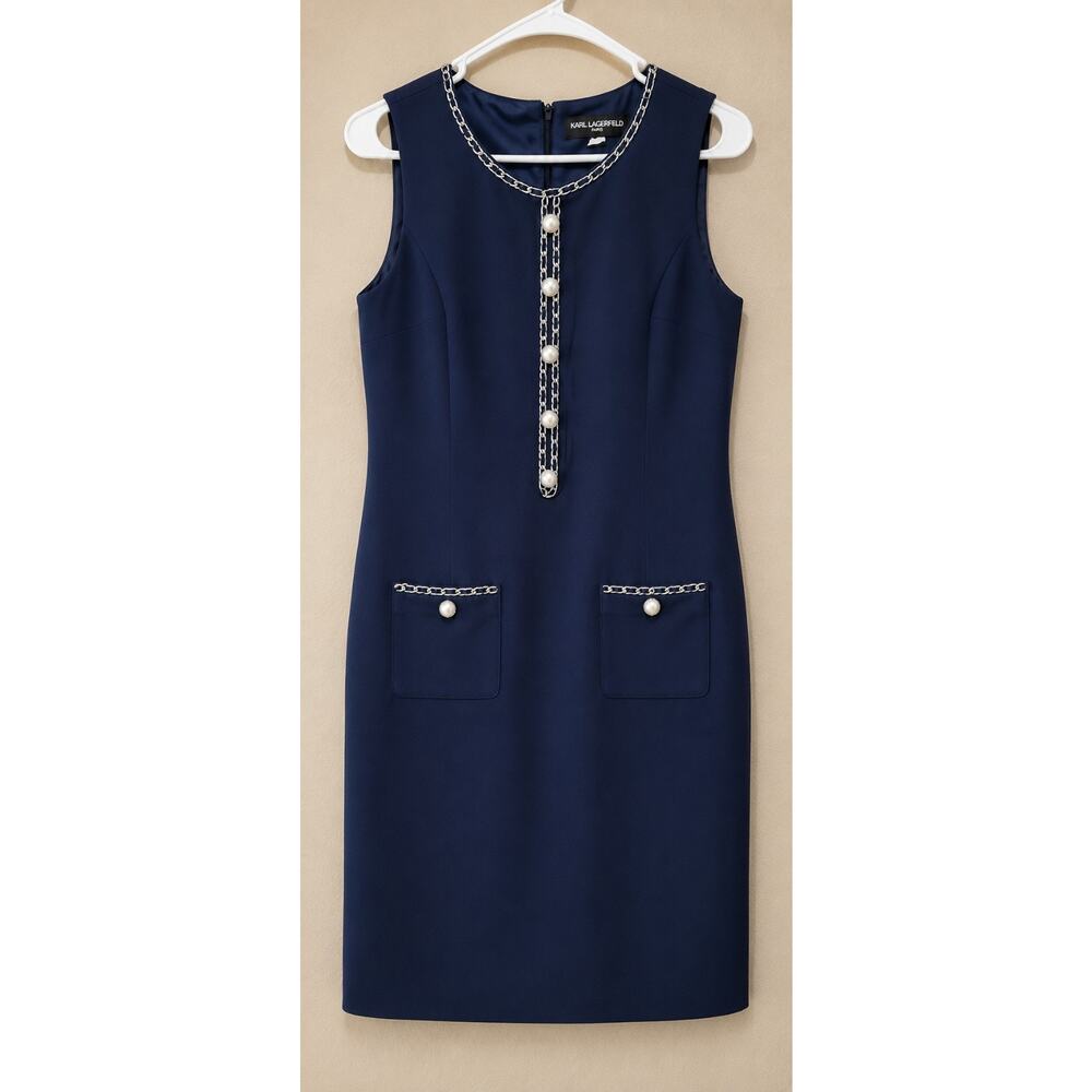 Karl Lagerfeld Timeless Sheath Dress Navy Chain Pearl Sz 6 Office Work Career - Picture 2 of 7